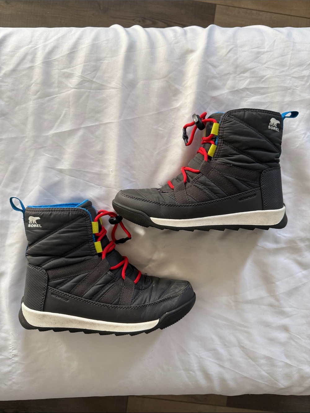 Size 3 Sorel Kids Gray Winter Boots with Red Laces